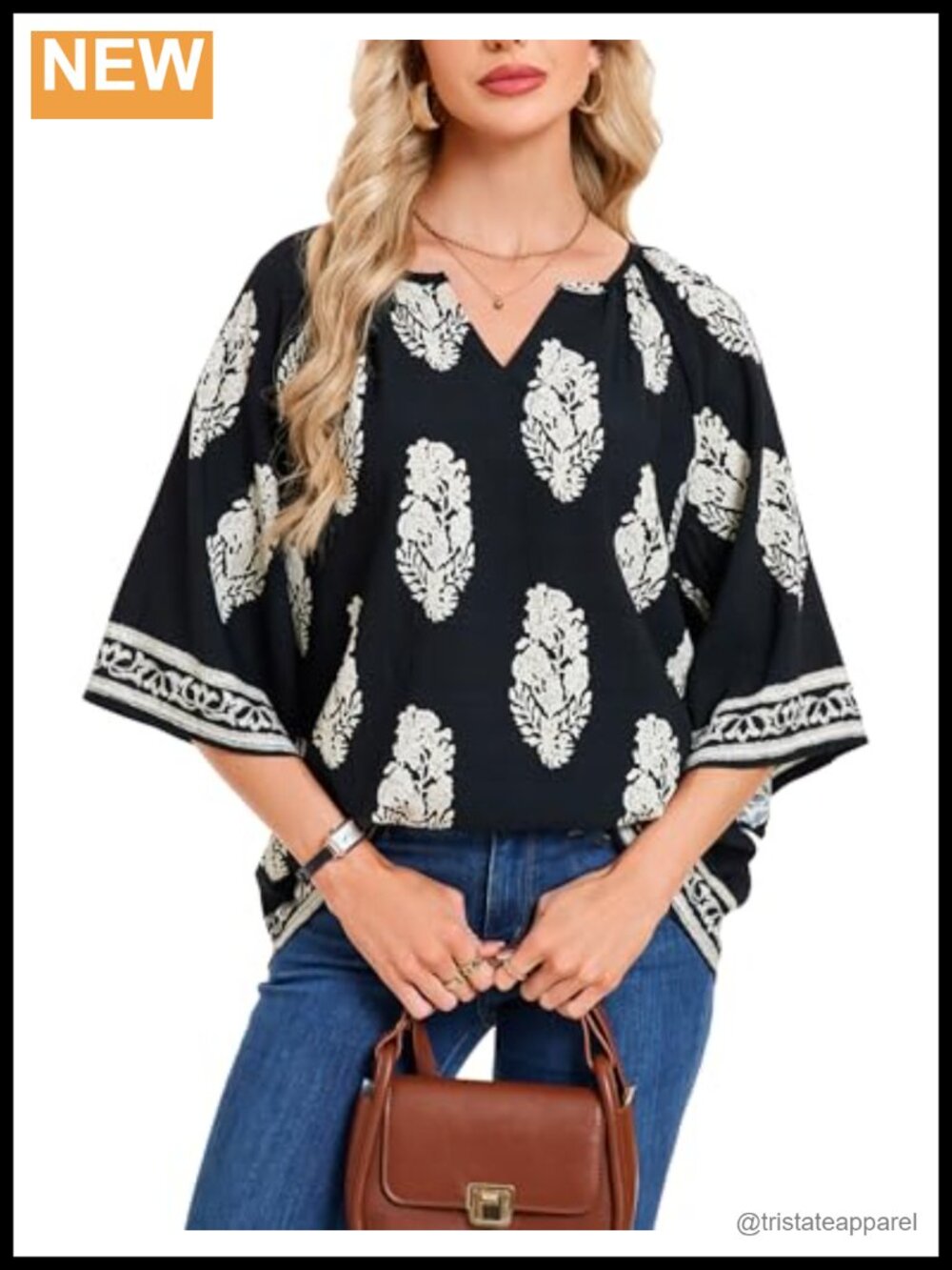 Boho Floral Blouse 3/4 Sleeve V Neck Loose Fit Rayon Blend Casual Vacation Shirt